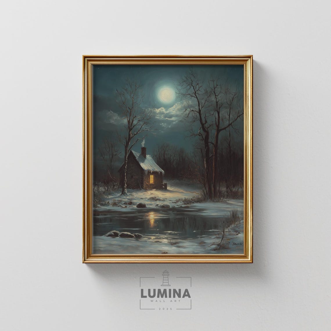 Snowy Cabin Moonlight Frozen Lake Rustic Winter Night Art Poster
