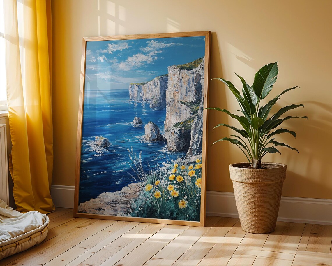 Seaside Cliff Summer Afternoon Sea Stacks Yellow Wildflower Coast Poster