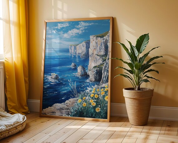 Seaside Cliff Summer Afternoon Sea Stacks Yellow Wildflower Coast Poster