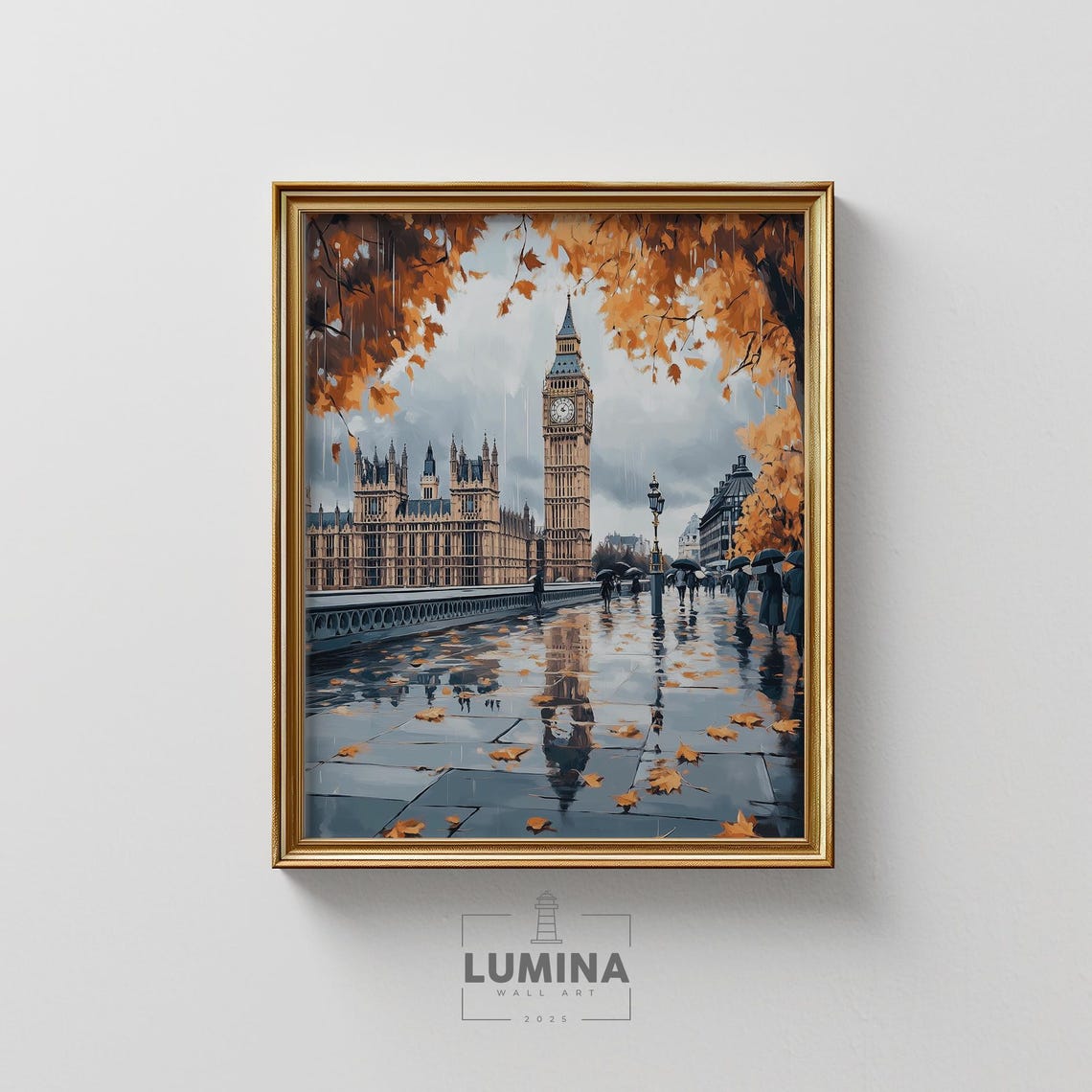 Rainy Autumn Evening In London Big Ben Westminster Umbrellas Wall Art