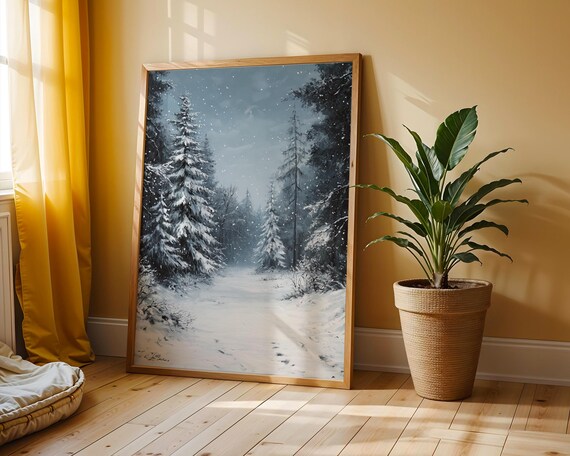 Snowfall in a Quiet Pine Forest Clearing Moody Winter Night Poster