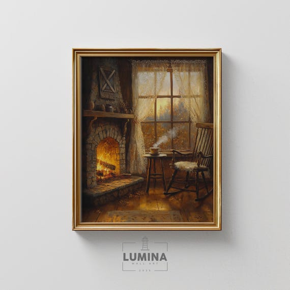 Fireplace Glow In Autumn Evening Cozy Fall Cottage Wall Art Rustic Warm Tones Home Decor Vintage Painting 162