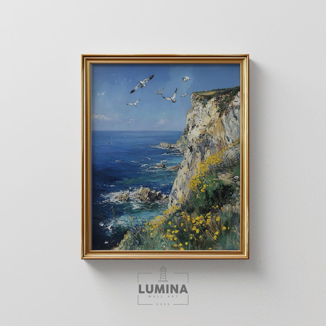 Coastal Cliffs Wildflowers Seagulls Summer Oil Painting Poster