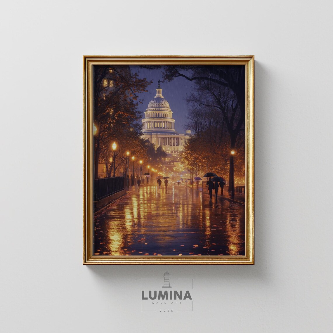 Washington DC Capitol Building Rainy Night Umbrella Street Wall Art