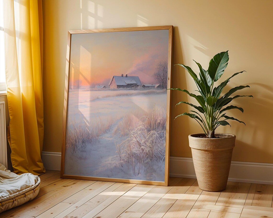 Winter Sunrise Over Snowy Field Pastel Pink Farmhouse Morning Poster