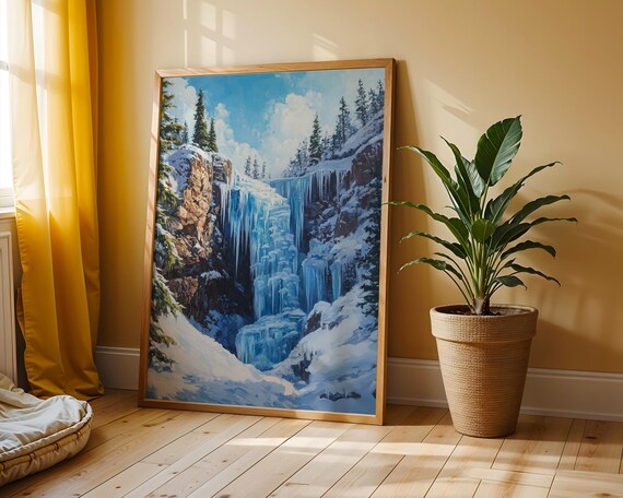 Frozen Waterfall In Icy Mountain Valley Winter Landscape Poster