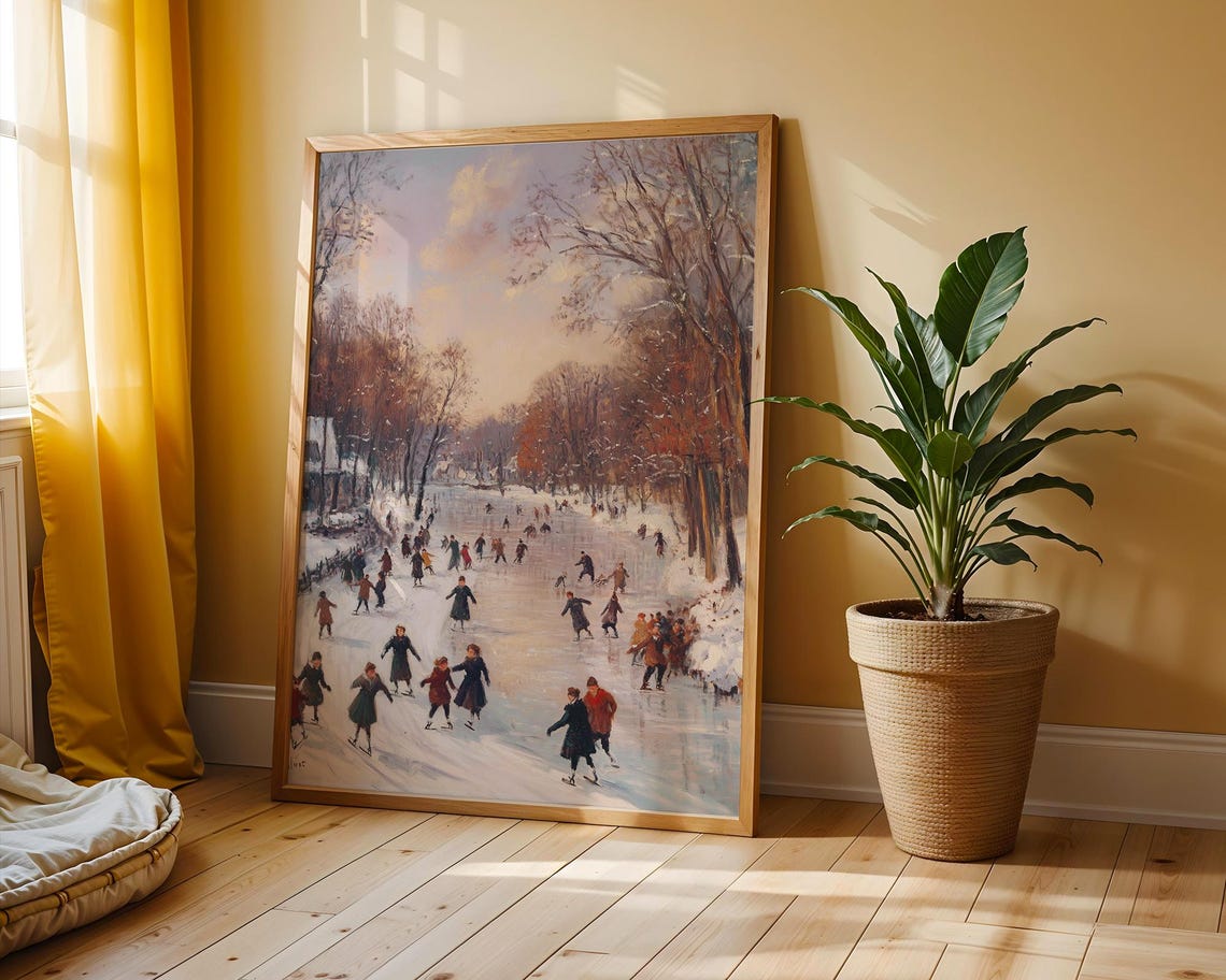 Frozen River Ice Skaters Vintage Winter Village Landscape Poster