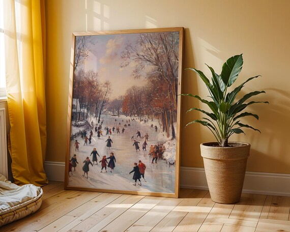 Frozen River Ice Skaters Vintage Winter Village Landscape Poster
