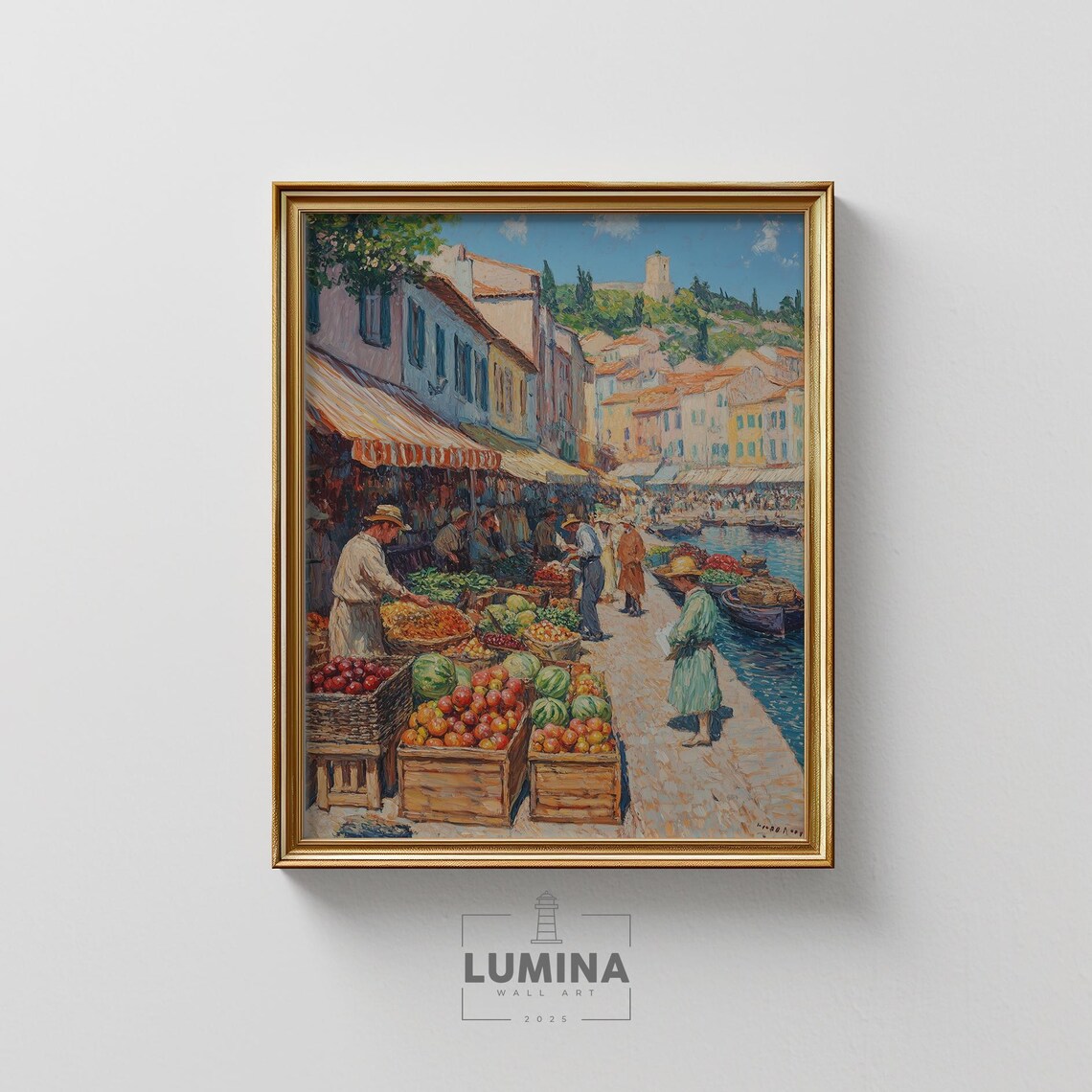 Mediterranean Street Market Harbor Impressionist Summer Poster