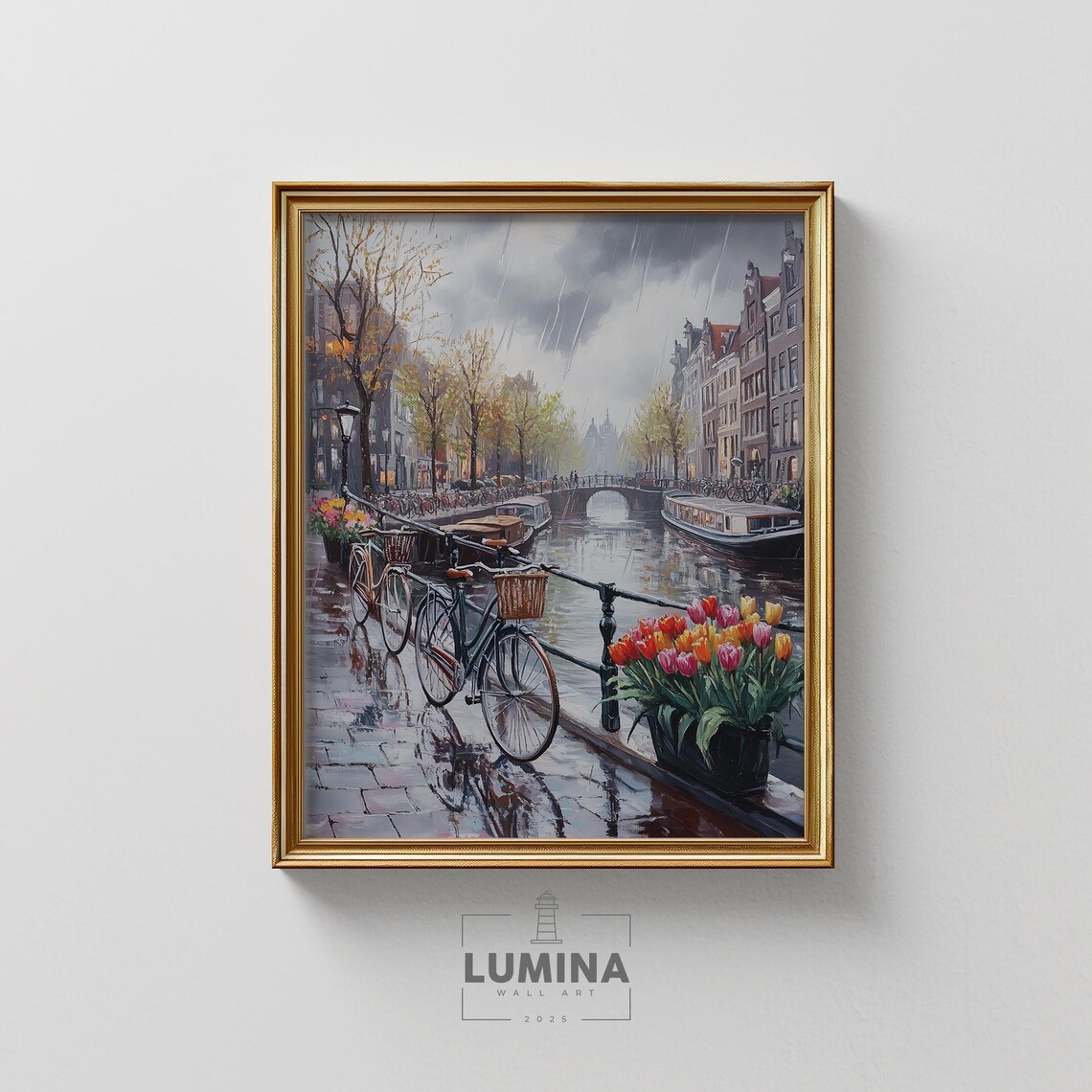 Amsterdam Canal Rainy Day Bicycles Tulips Oil Cityscape Poster