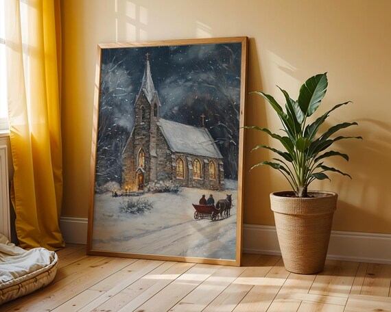 Snowfall Country Church Winter Night Sleigh Ride Vintage Poster