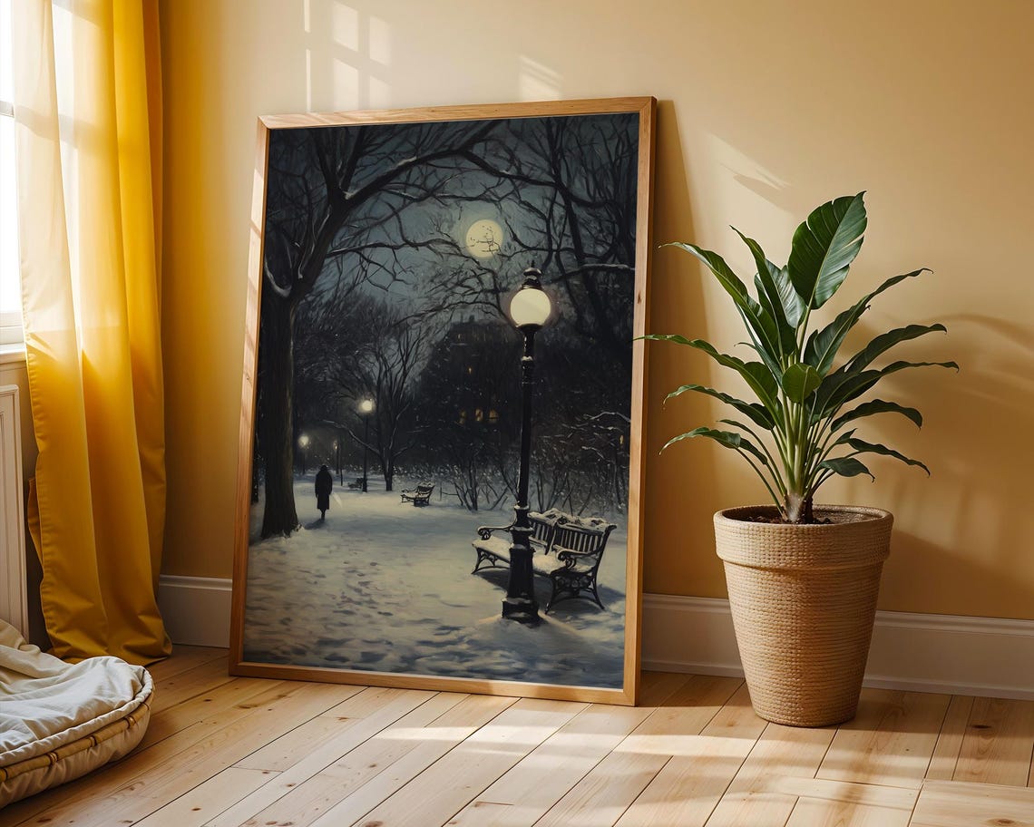 Moonlit Snowy Park Lamp Light Vintage Winter Night Painting Poster