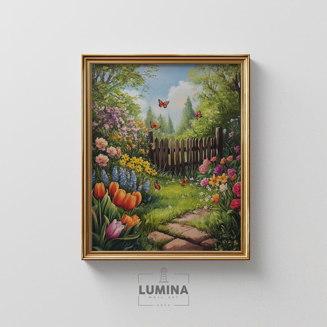 Cottage Garden Tulips Butterflies Stone Path Floral Art Poster