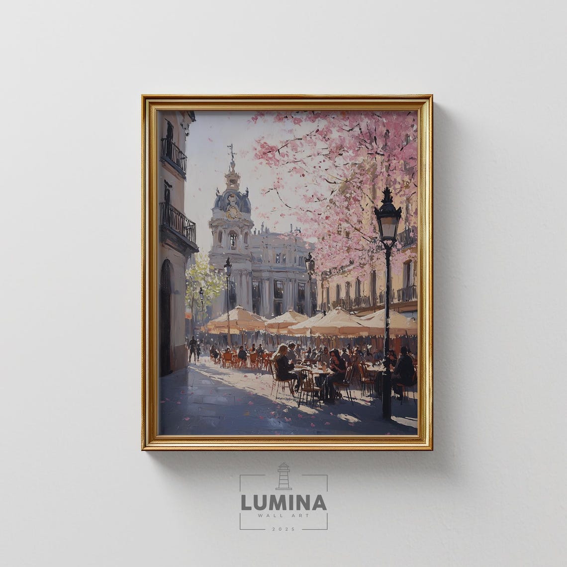 European Plaza Cafe Terrace Cherry Blossom Clock Tower Art Poster