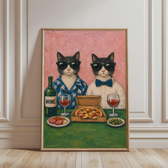 Funny Cat Poster Pizza And Wine Wall Art Cool Cats Print Retro Kitchen Decor Whimsical Animal Artwork Lover Gift