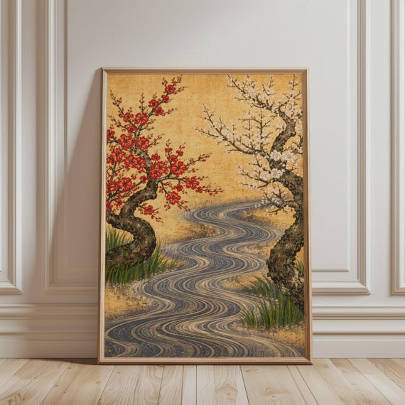 Japanese Wall Art River With Red And White Plum Blossoms Ukiyoe Print Flower Vintage Garden Floral Poster For Japandi Home Decor