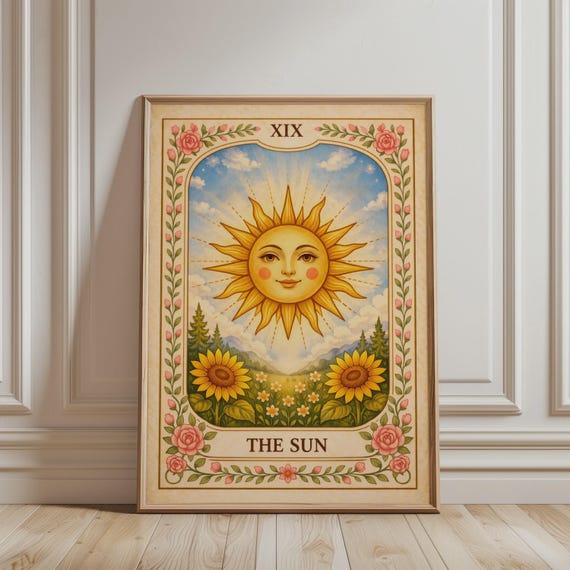 Sun Tarot Card Print, Boho Floral Vintage Poster