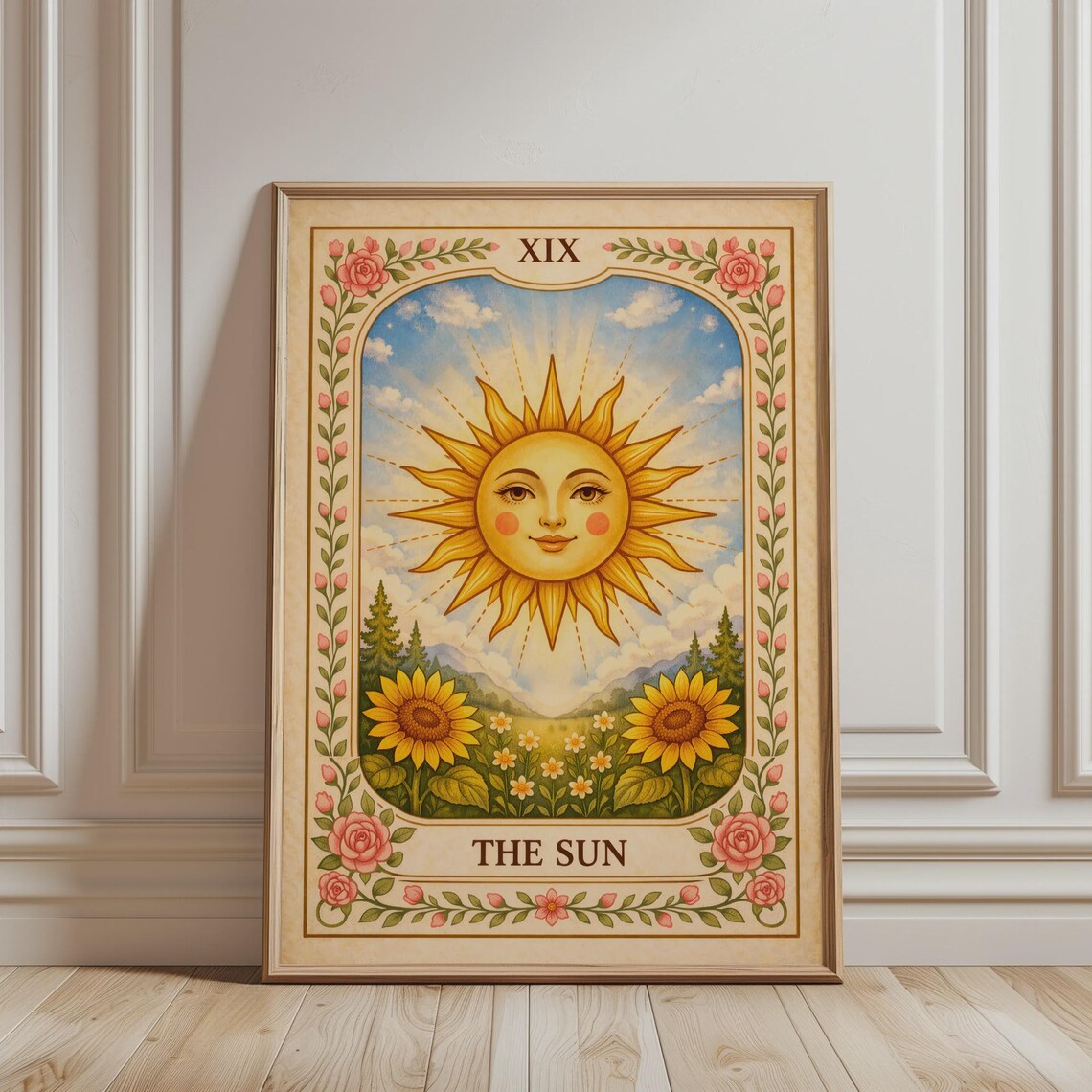 Sun Tarot Card Print, Boho Floral Vintage Poster