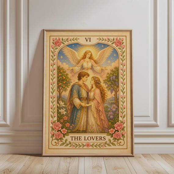 Spiritual Wall Art 6 The Lovers Tarot Card Print Floral Bohemian Major Arcana Mystic Botanical Vintage Poster Celestial Home Decor