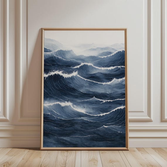 Japanese Wall Art Blue Ocean Waves Print Minimalist Asian Poster For Japandi Home Decor
