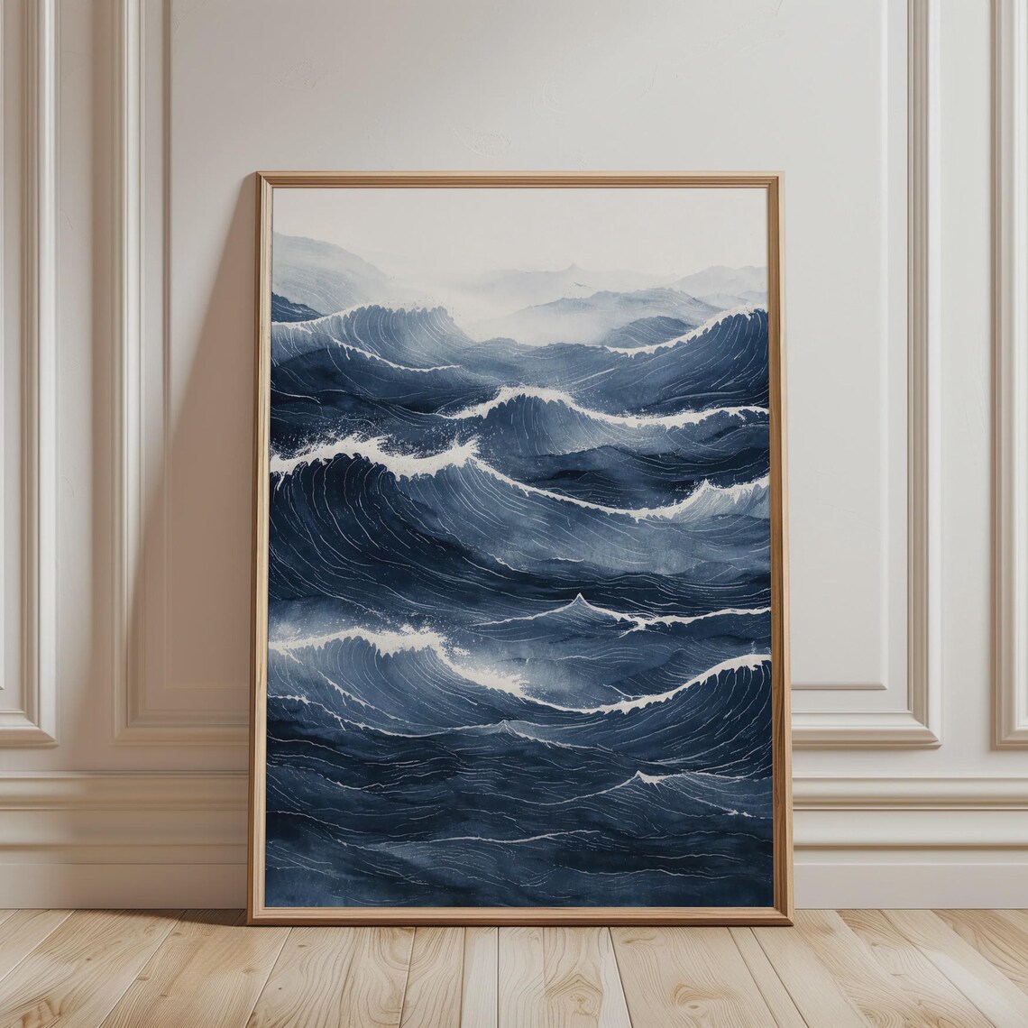 Indigo Blue Ocean Waves in Japanese Style Watercolor Art Print
