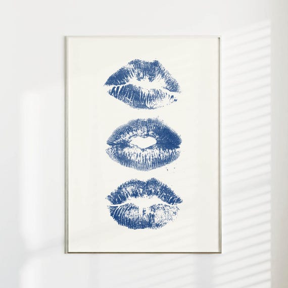 Navy Wall Art Kiss Lips Poster Dorm Decor Cool Girl College Apartment Blue Home Cute Bathroom