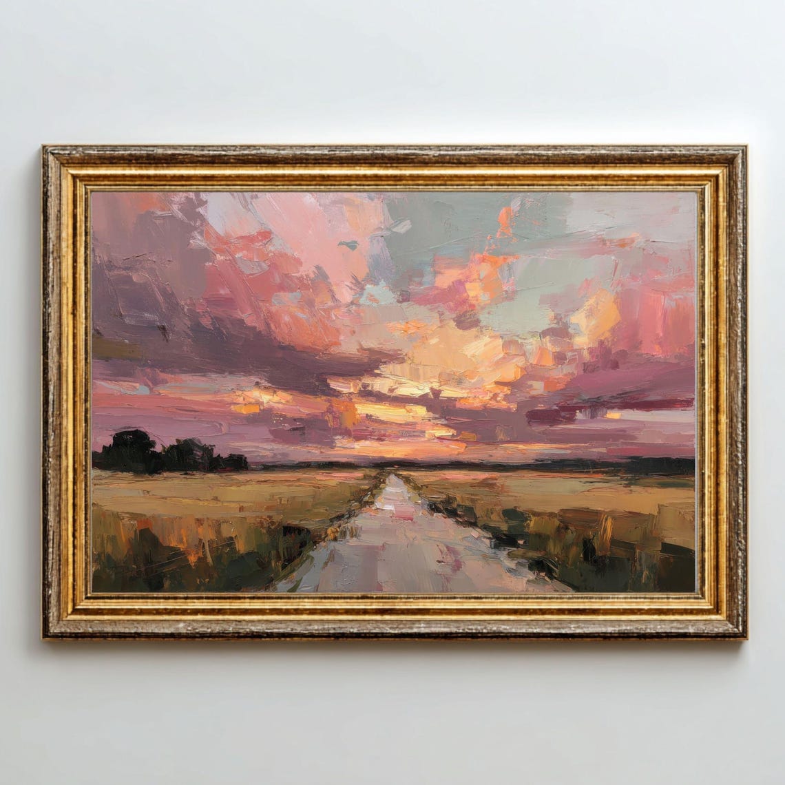 Rustic Sunset Country Road Golden Fields Landscape Oil Poster