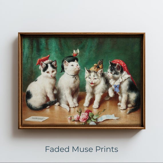 Four Kittens With Hats Illustration Victorian Charm Nursery Wall Art Digital Download 2096