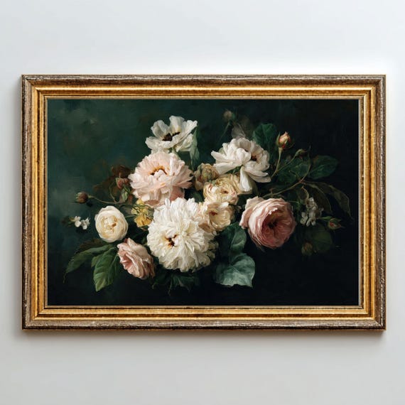 Antique Peony Oil Painting, Vintage Floral Still Life