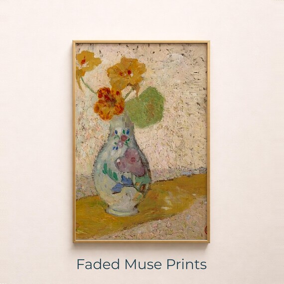 Yellow Blossoms In Painted Glass Vase Vintage Impressionist Still Life Print