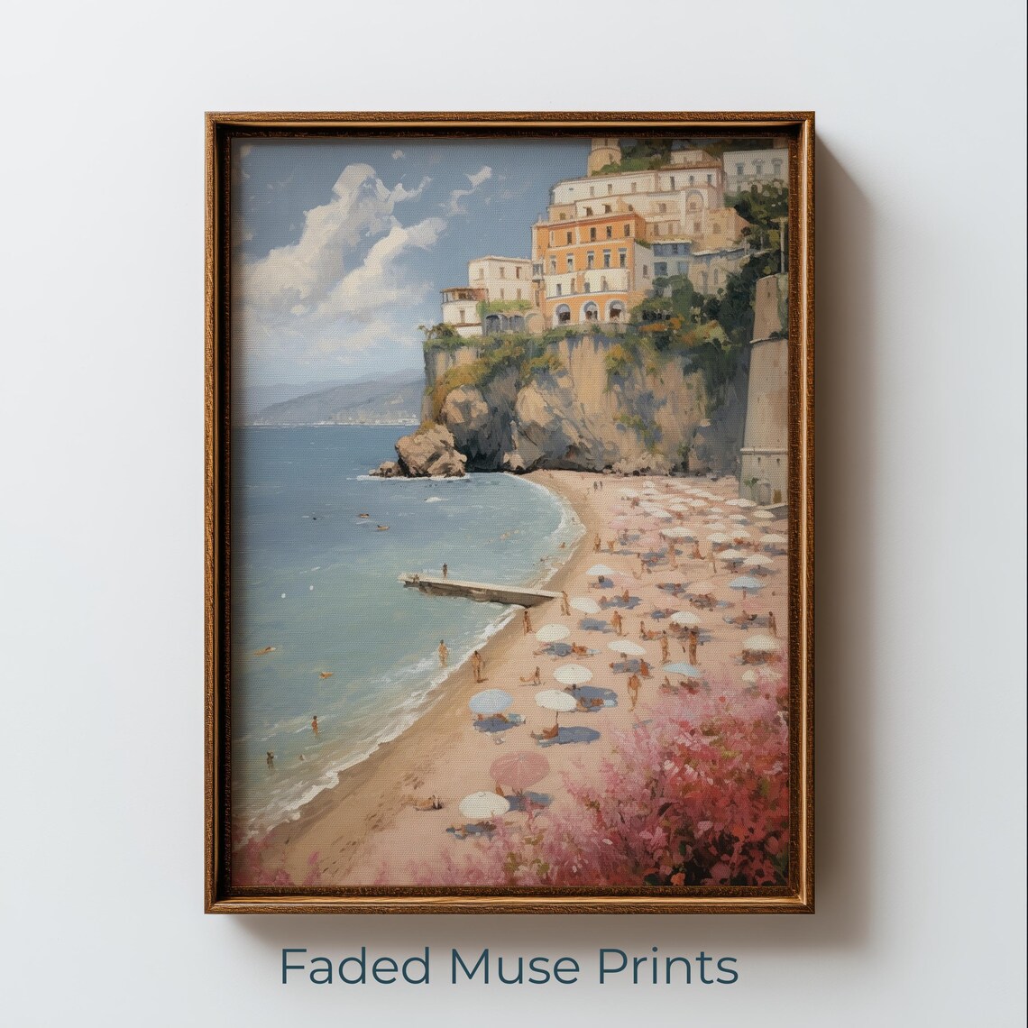 Mediterranean Seaside Cliff Village Beach Impressionist Painting Poster