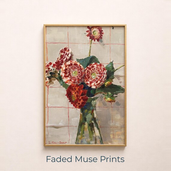 Vintage Dahlia Still Life Print Red White Floral Art Cozy Decor Digital Download