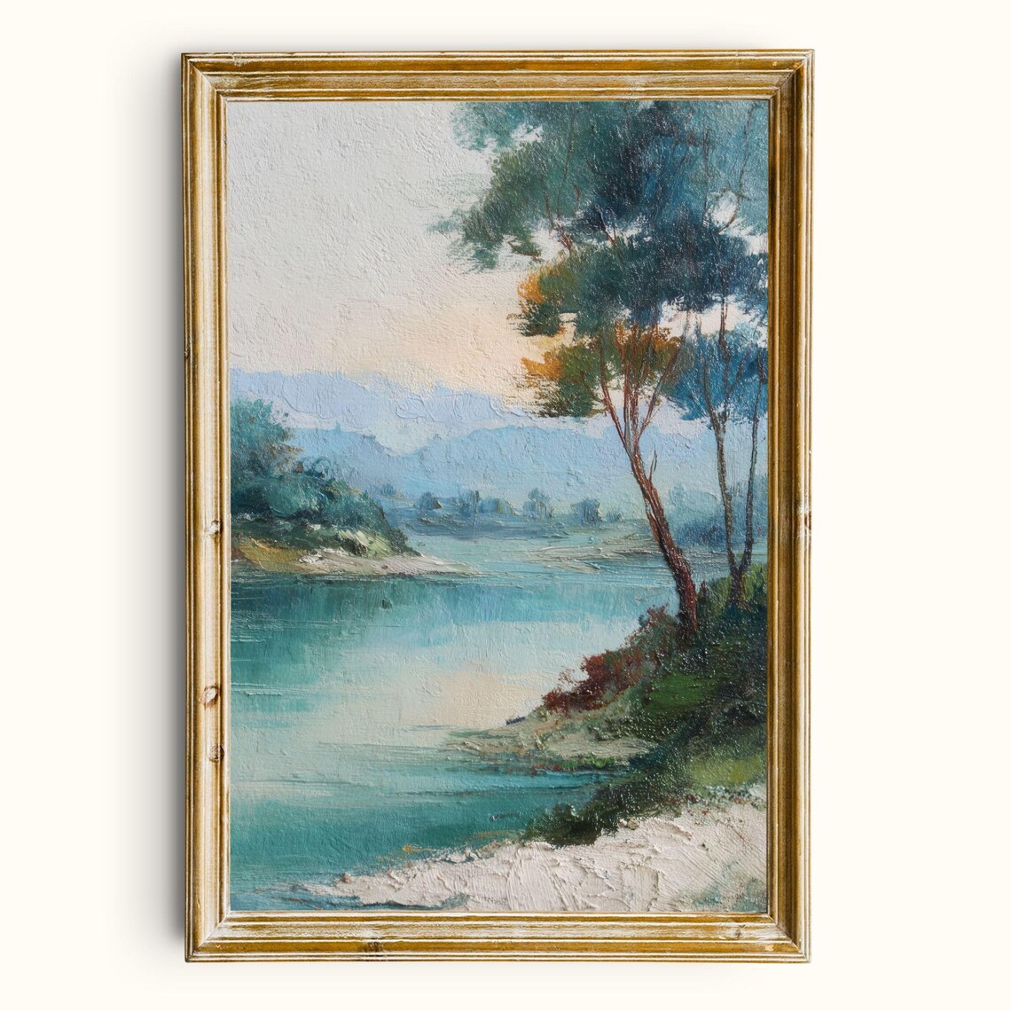 Tranquil Lake Waterside Impressionist Landscape Oil Painting Print