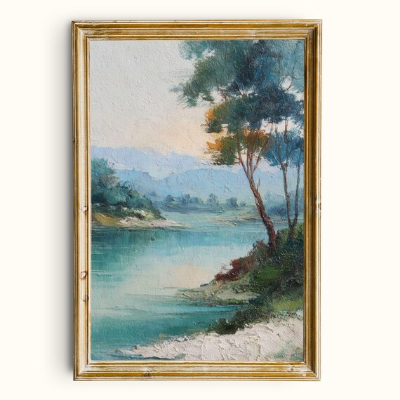 Lake View Landscape Print Tranquil Waterside Wall Art Impressionist Nature Painting Printable Instant Download