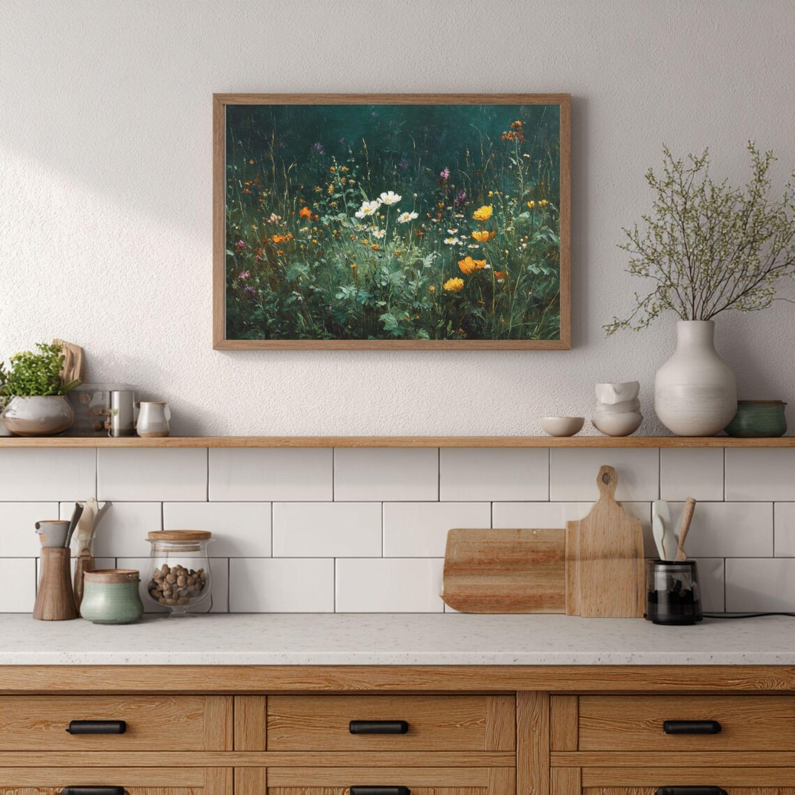 Dark Wildflower Meadow Oil Painting Poster Moody Night Garden Blooms