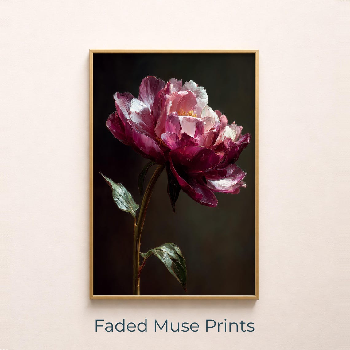 Moody Magenta Peony Bloom Dramatic Dark Botanical Fine Art Print
