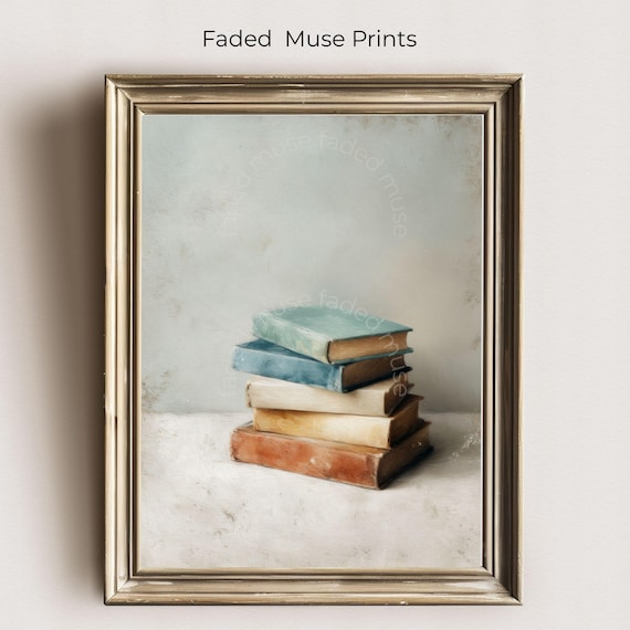 Vintage Book Stack Art Print Painterly Lover Decor Digital Download