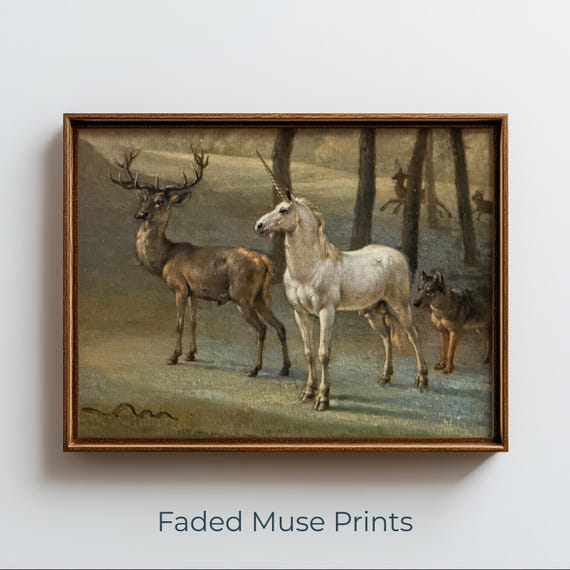 Vintage Unicorn And Stag Painting Moody Forest Scene Wall Art Digital Download 1558