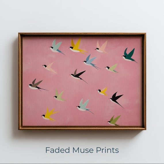 Midcentury Modern Swallow Print Retro Nursery Art With Pink Background Digital Download 2099