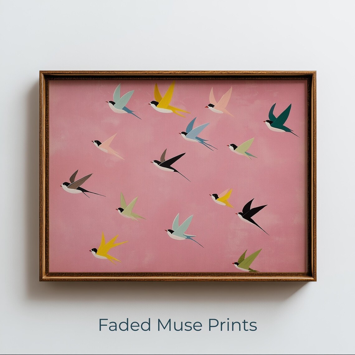 Colorful Swallows In Flight Midcentury Modern Pink Bird Flock Poster