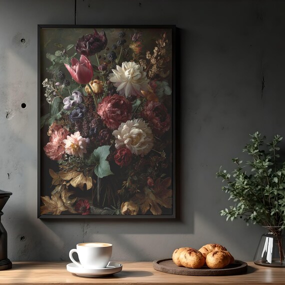 Dark Floral Still Life Print Vintage Dutch Bouquet Artwork Pdf Files
