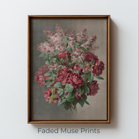 Vintage Pink Roses and Lilacs Romantic Botanical Bouquet Art Poster