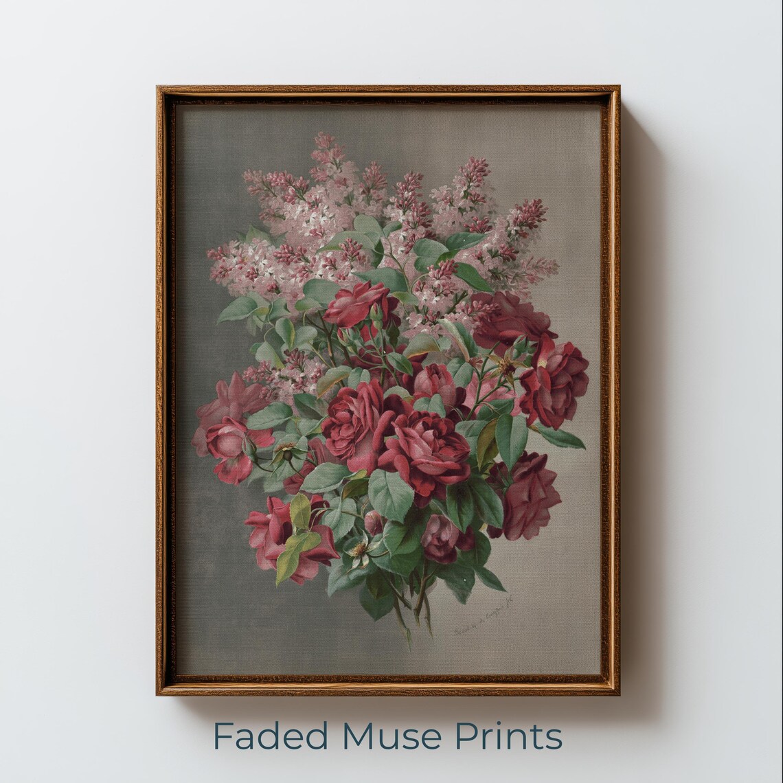 Vintage Pink Roses and Lilacs Romantic Botanical Bouquet Art Poster