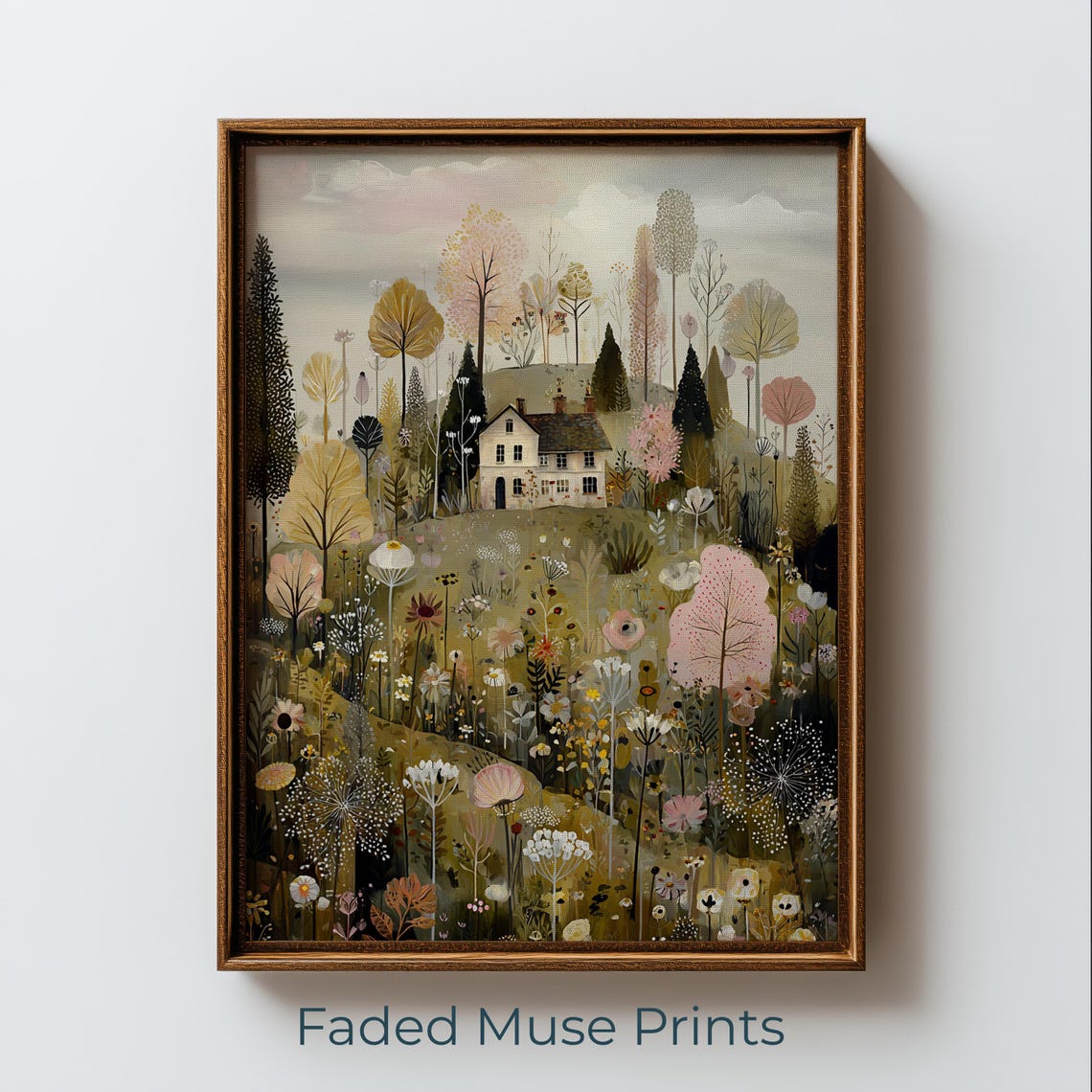 Charming Whimsical Cottage Wildflower Meadow Folk Art Poster