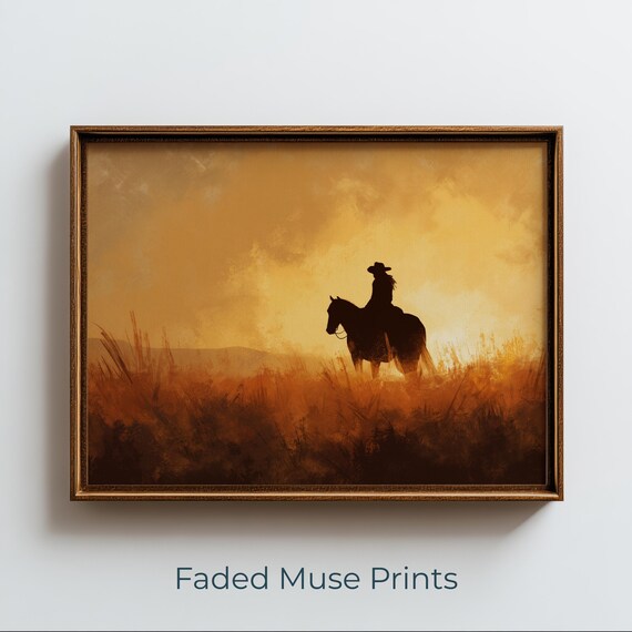 Cowgirl Silhouette Against Glowing Amber Sky Rustic Western Wall Art Digital Download 2164