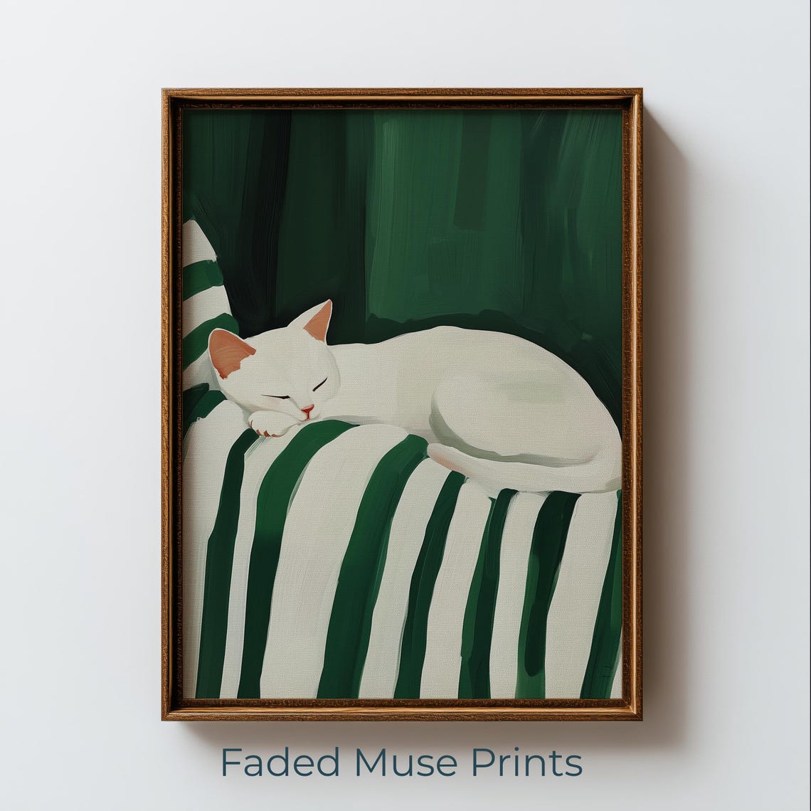 Sleeping White Cat Print Minimalist Green Wall Art Printable Digital Download 1326
