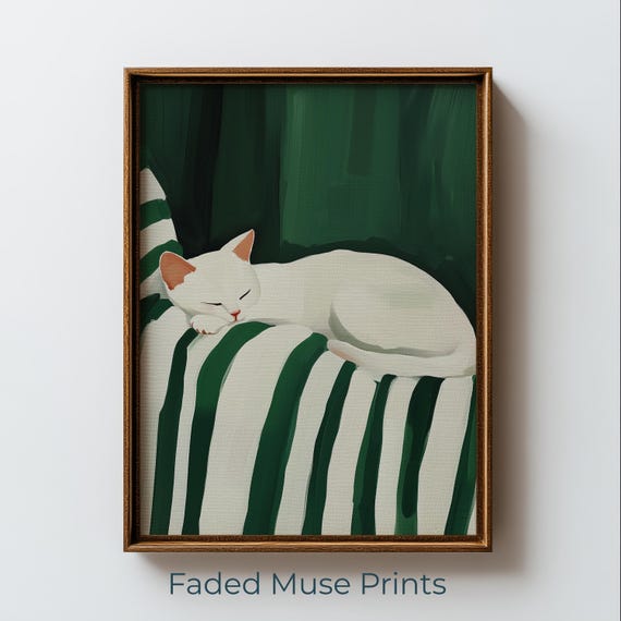 Sleeping White Cat Print Minimalist Green Wall Art Printable Digital Download 1326
