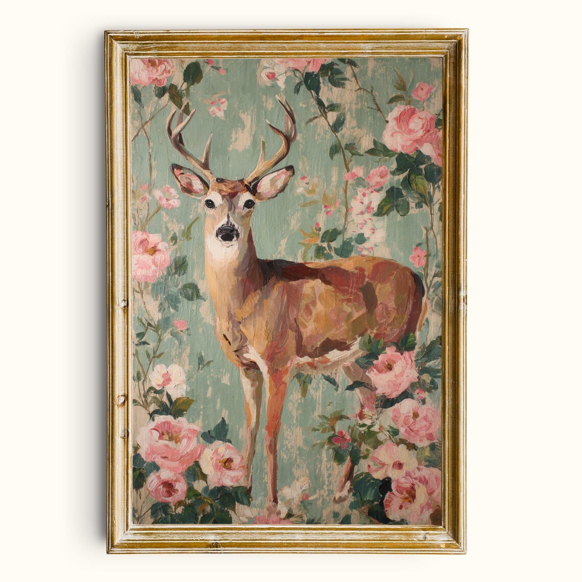 Vintage Deer Print, Maximalist Floral Wall Art