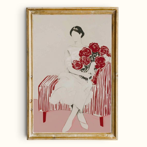Minimalist Fashion Illustration Print Woman Roses Wall Art Digital Download