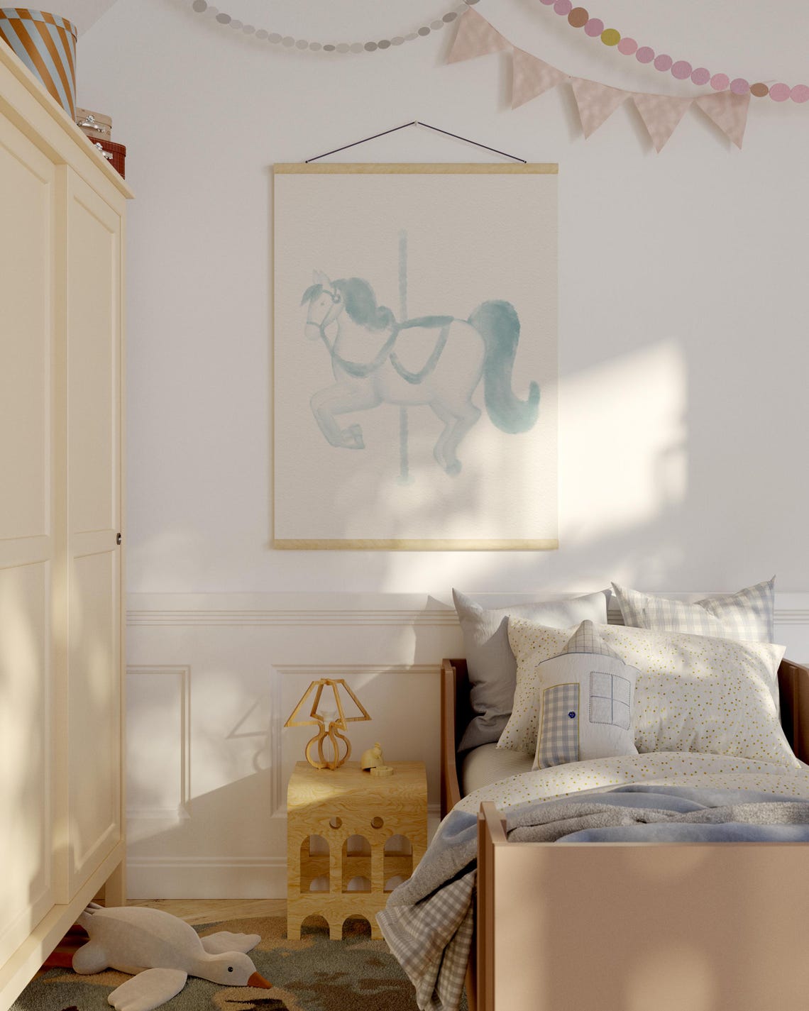 Soft Light Blue Watercolor Carousel Horse Nursery Art Poster - Image 2